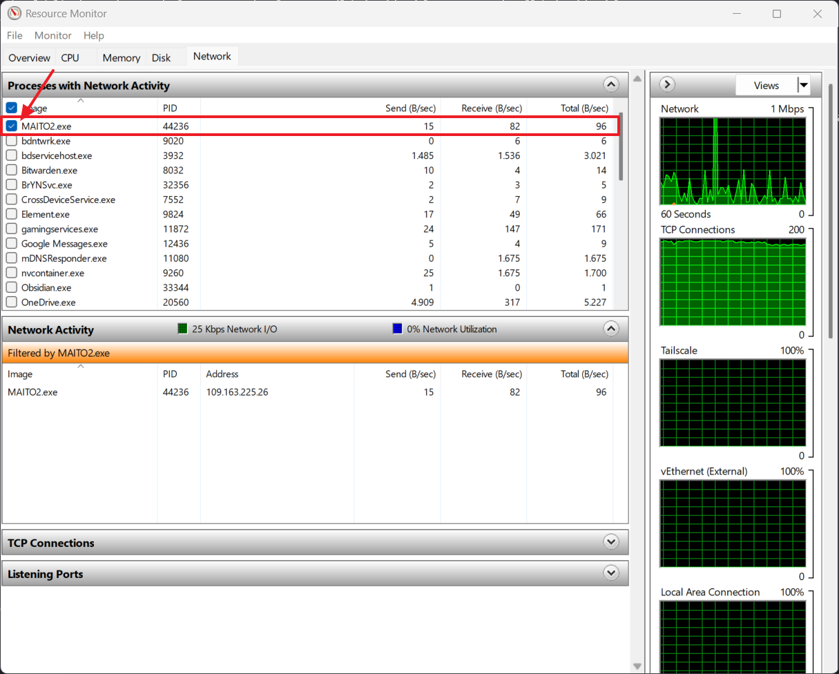 Process list with MAITO.exe checkbox highlighted