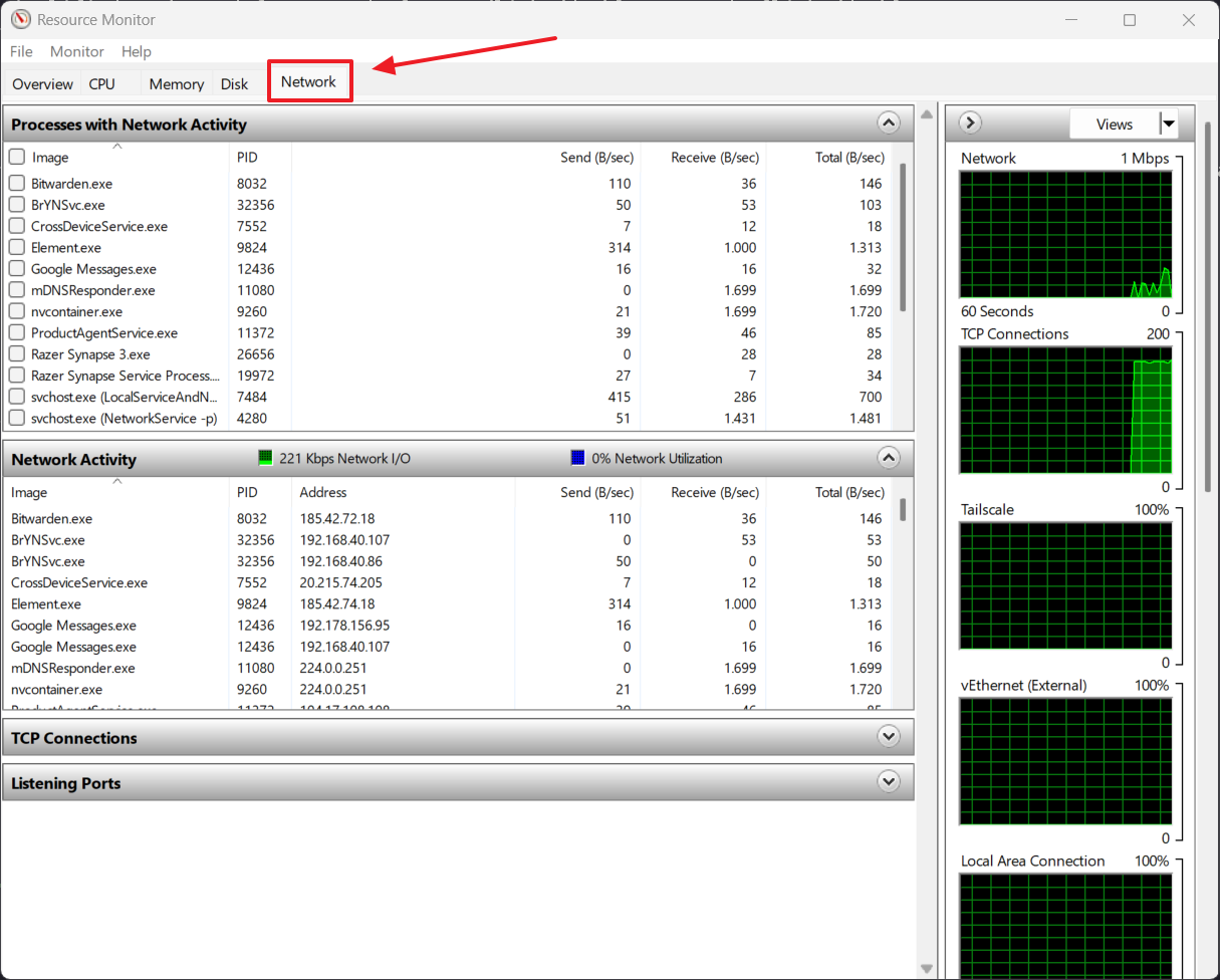 Resource Monitor with Network tab highlighted