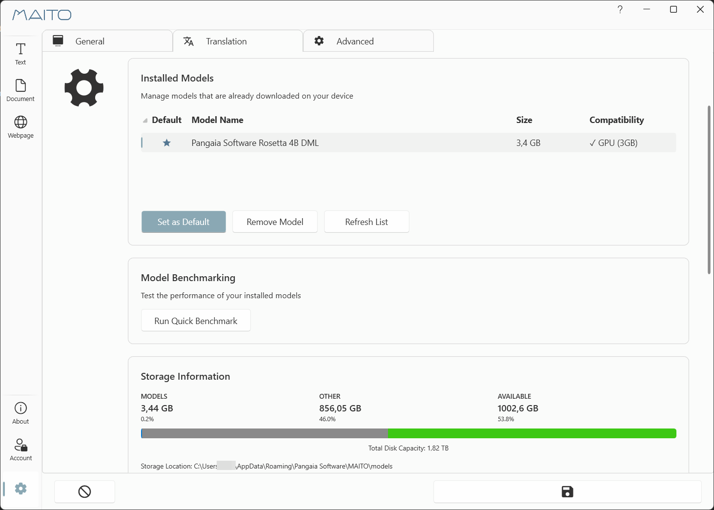 Local translation model management interface