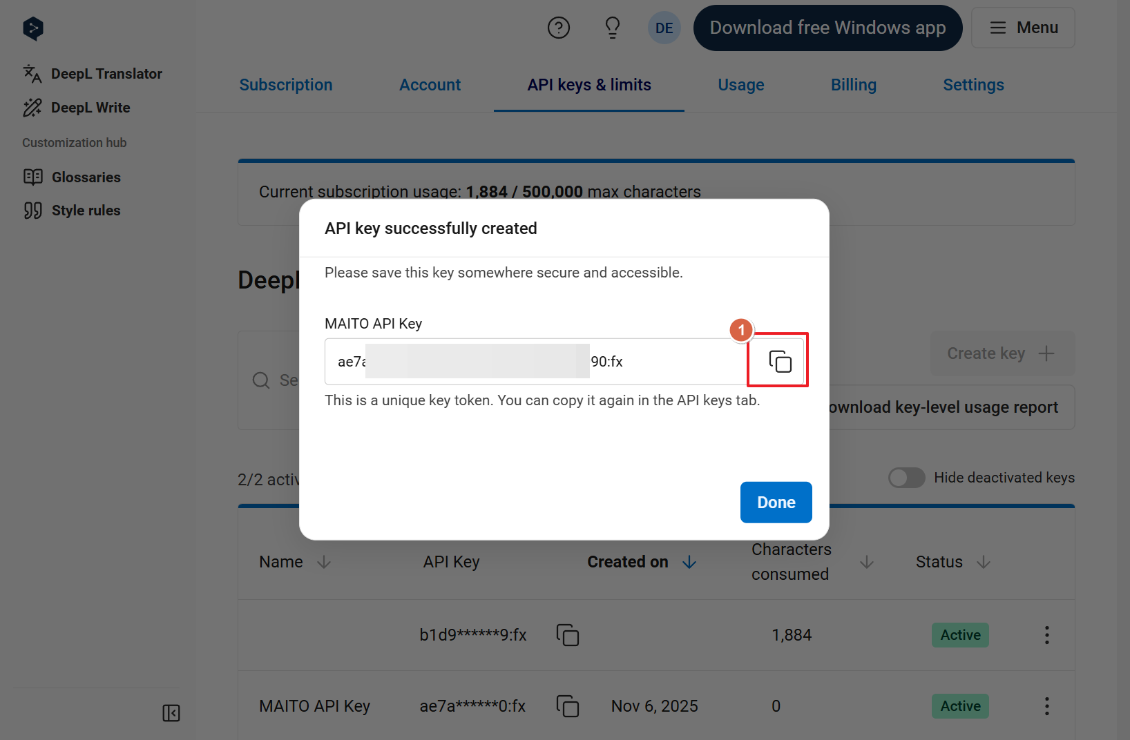 DeepL API creation completed
