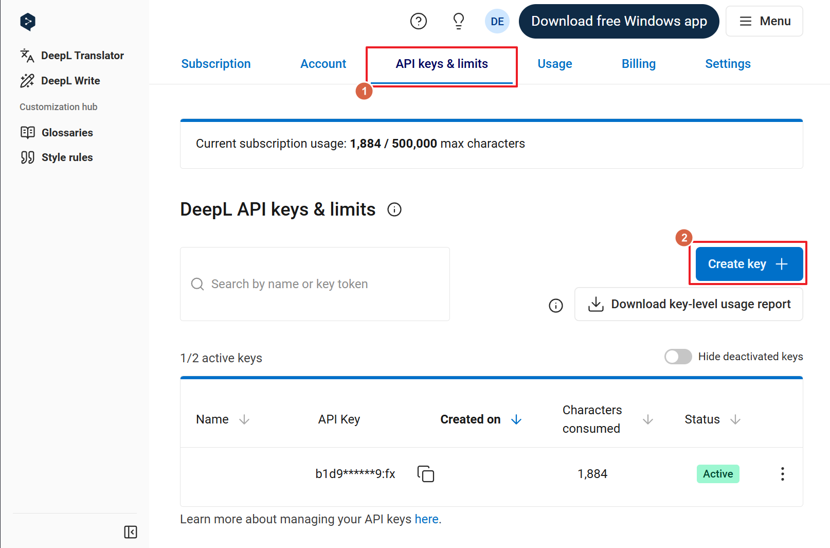DeepL API creation page