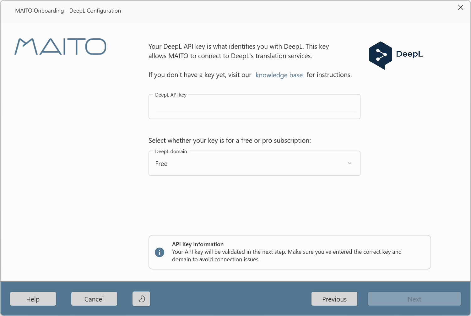 MAITO onboarding DeepL key entry