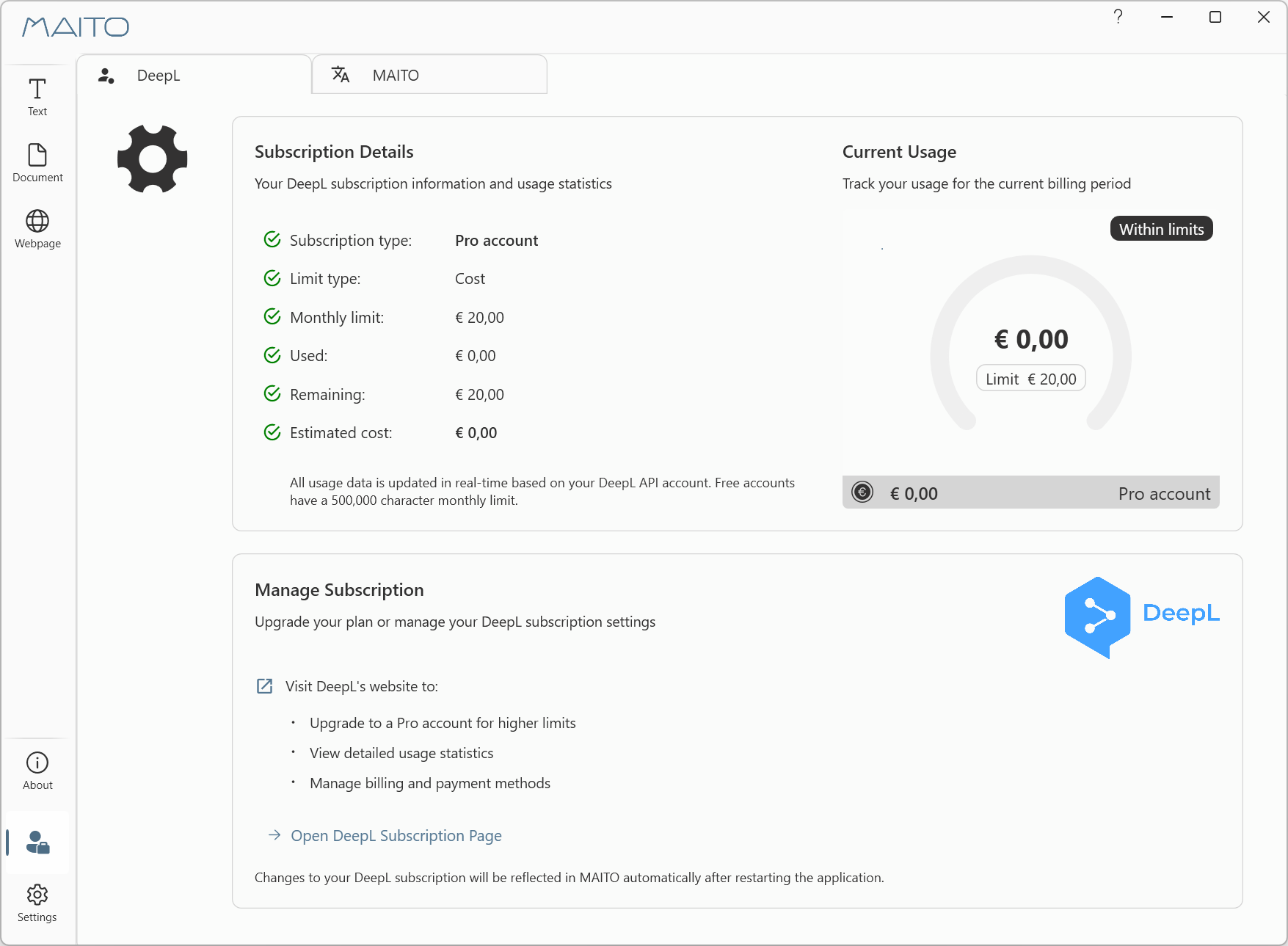 DeepL usage tracking for Pro plan