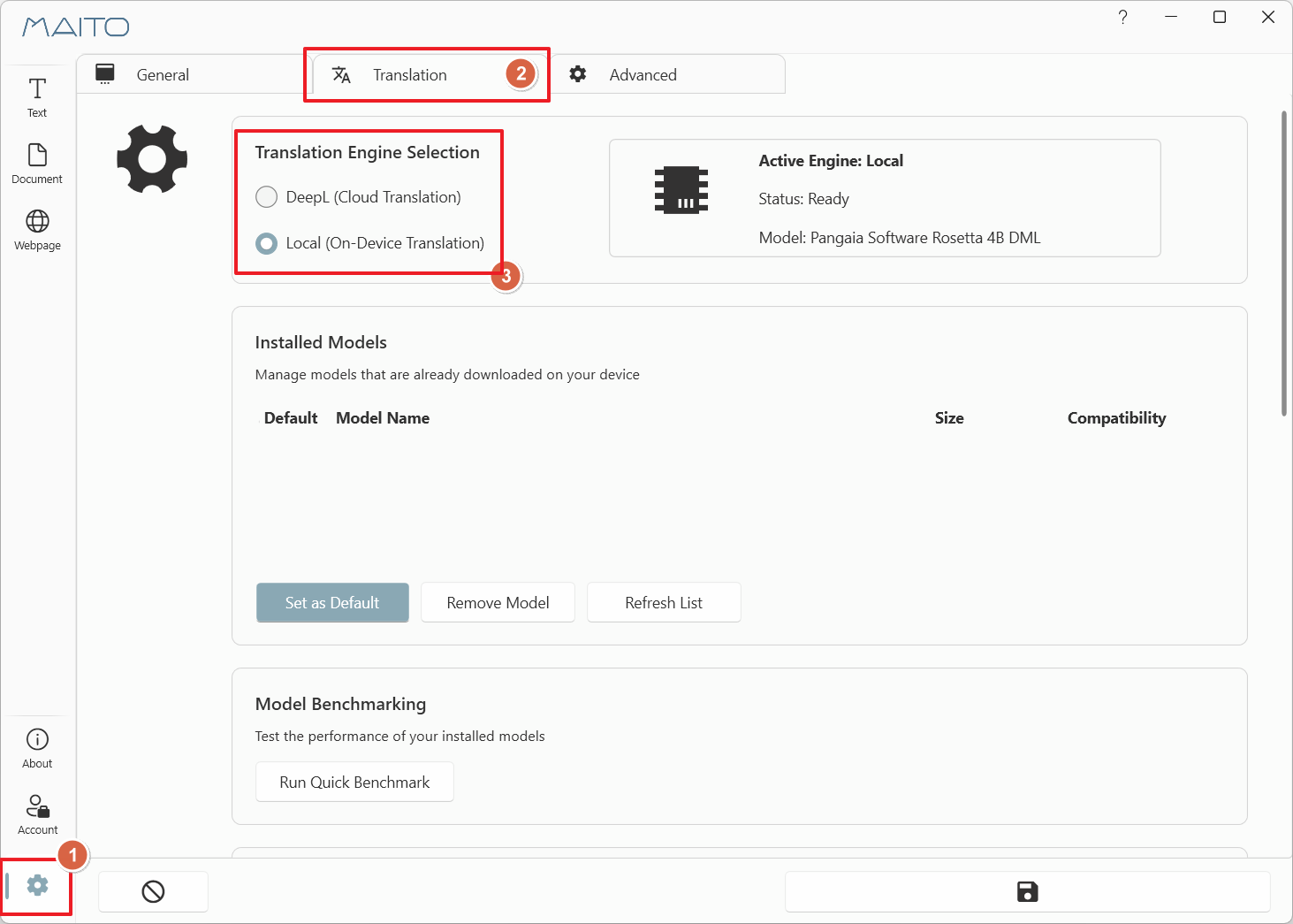 Translation settings tab with both engine options